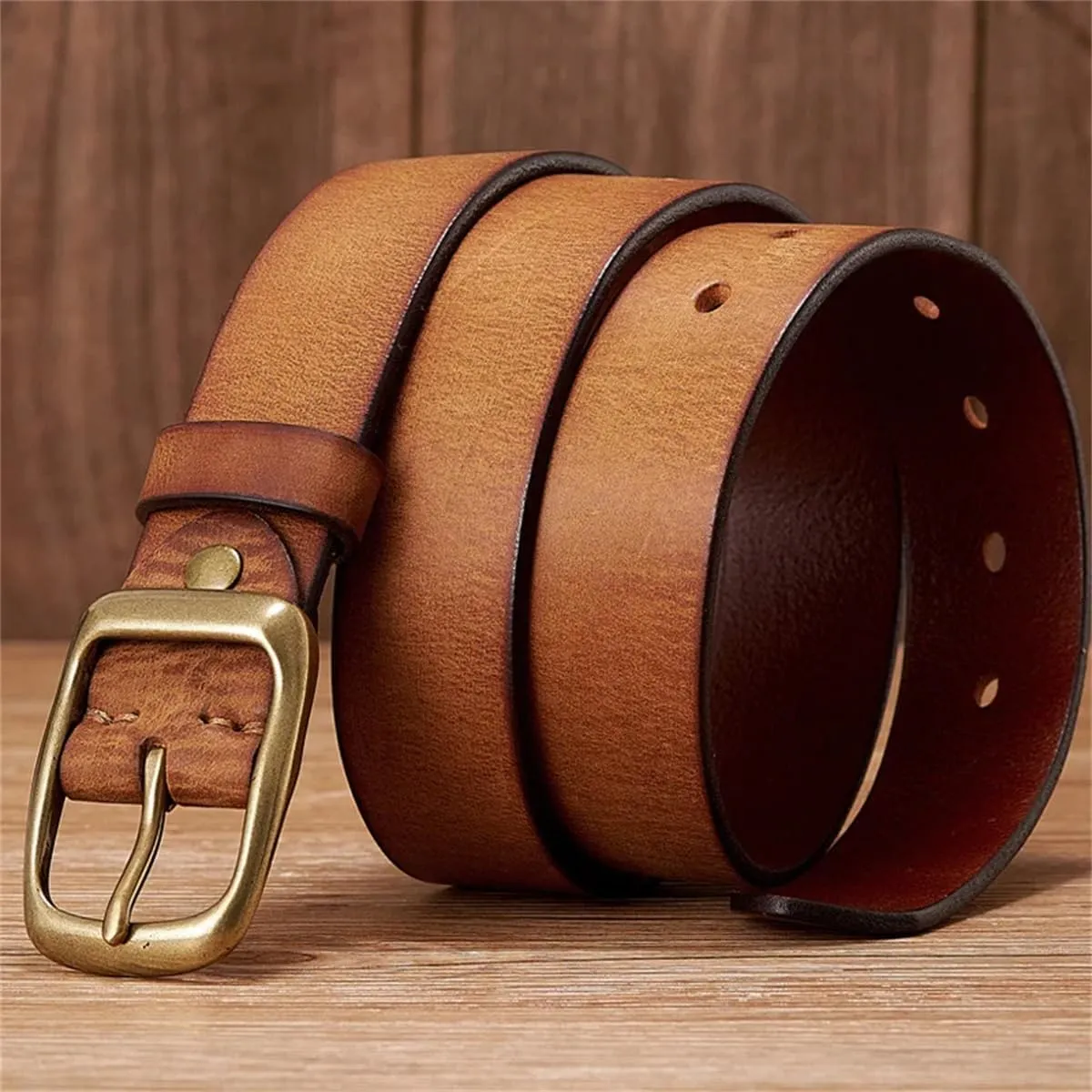 3.3CM Cowskin Genuine Leather Belt Men Casual Copper Buckle Business Strap For Jeans Cowboy Belt