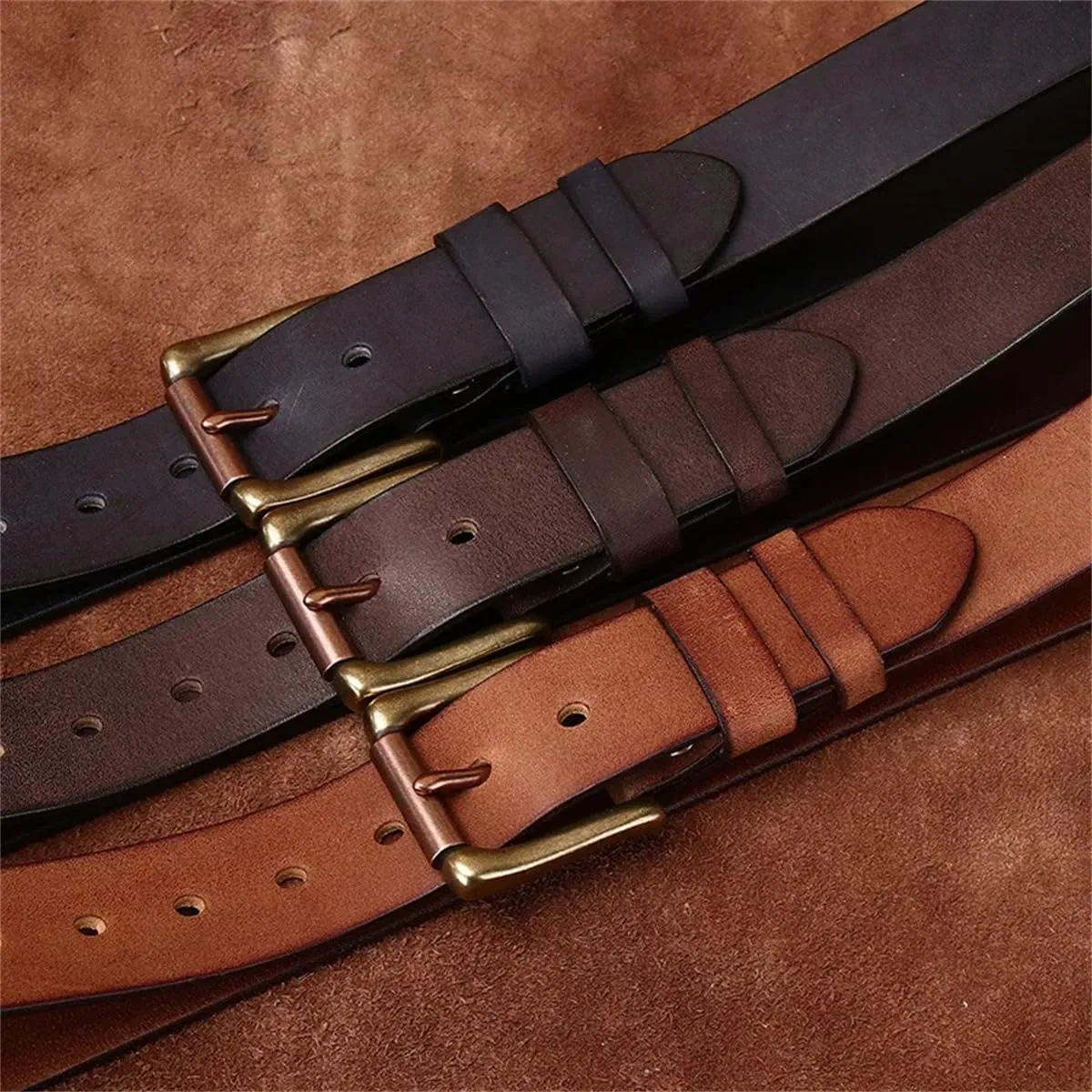 3.8CM Cowhide Dull Polish Genuine Leather Belts For Men Brass Buckle Casual Jeans Cowboy Luxury Strap