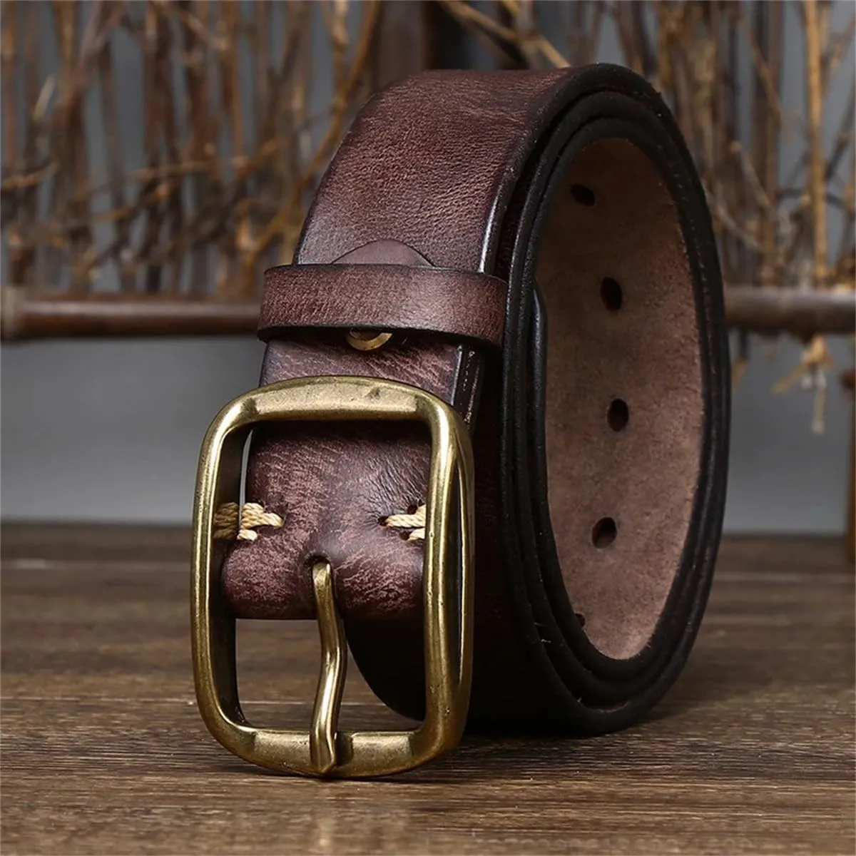 3.8CM Thick Cowhide Copper Buckle Genuine Leather Casual Jeans Belt Men Retro Luxury Strap