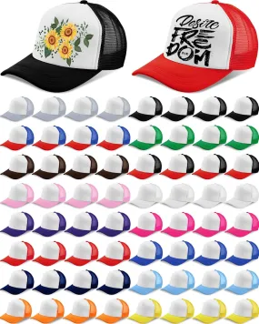 64 Pcs Unisex Sublimation Blank Mesh Trucker Hat 16 Colors Bulk DIY Adjustable Plain Polyester Baseball Caps Colored Summer Trucker Cap for Men Women Embroidery Printing Outdoor Sports Supplies