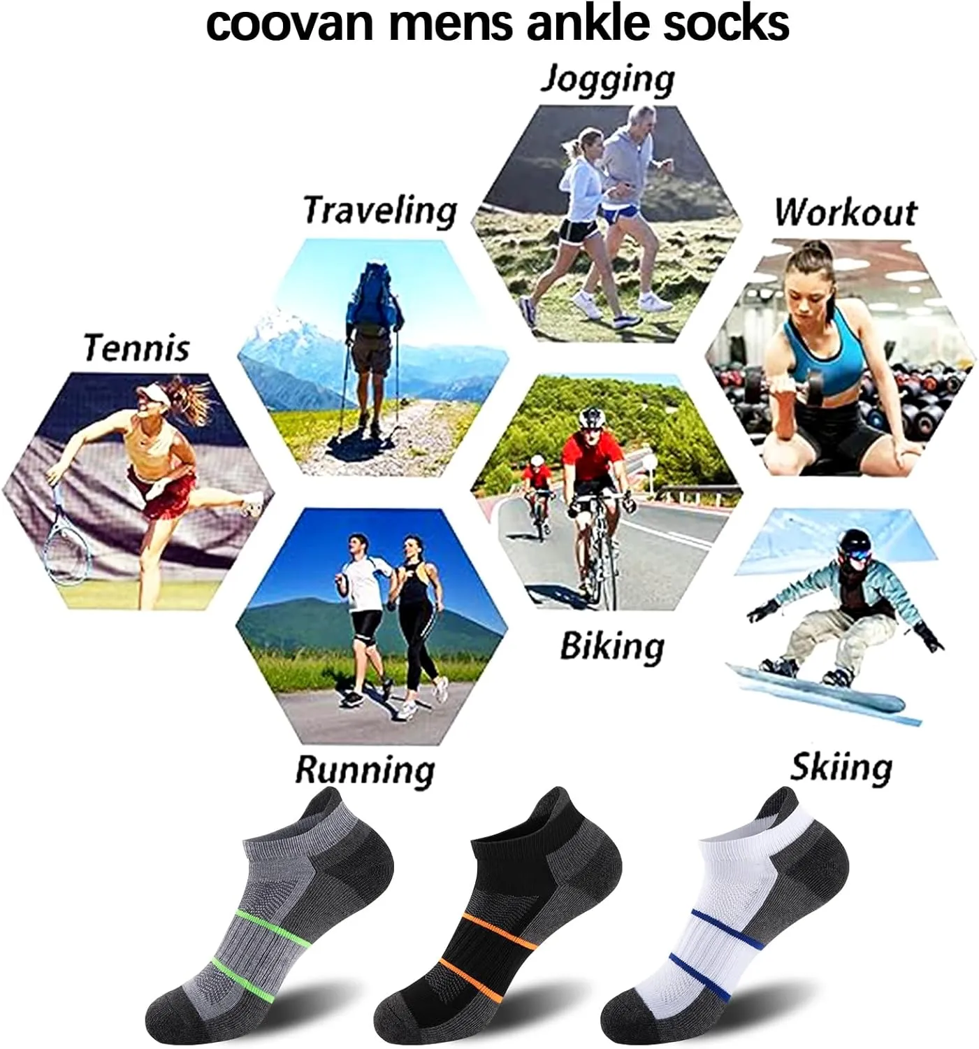 COOVAN Ankle Socks for Men 6 Pairs Athletic Low Cut Tab Running Breathable Cushiond Sock 6 Pack with Arch Support