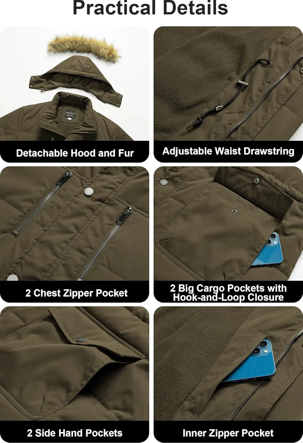CREATMO US Men's Big and Tall Winter Coat Waterprpoof Long Puffer Jacket Thicken Parka with Removable Fur Hooded