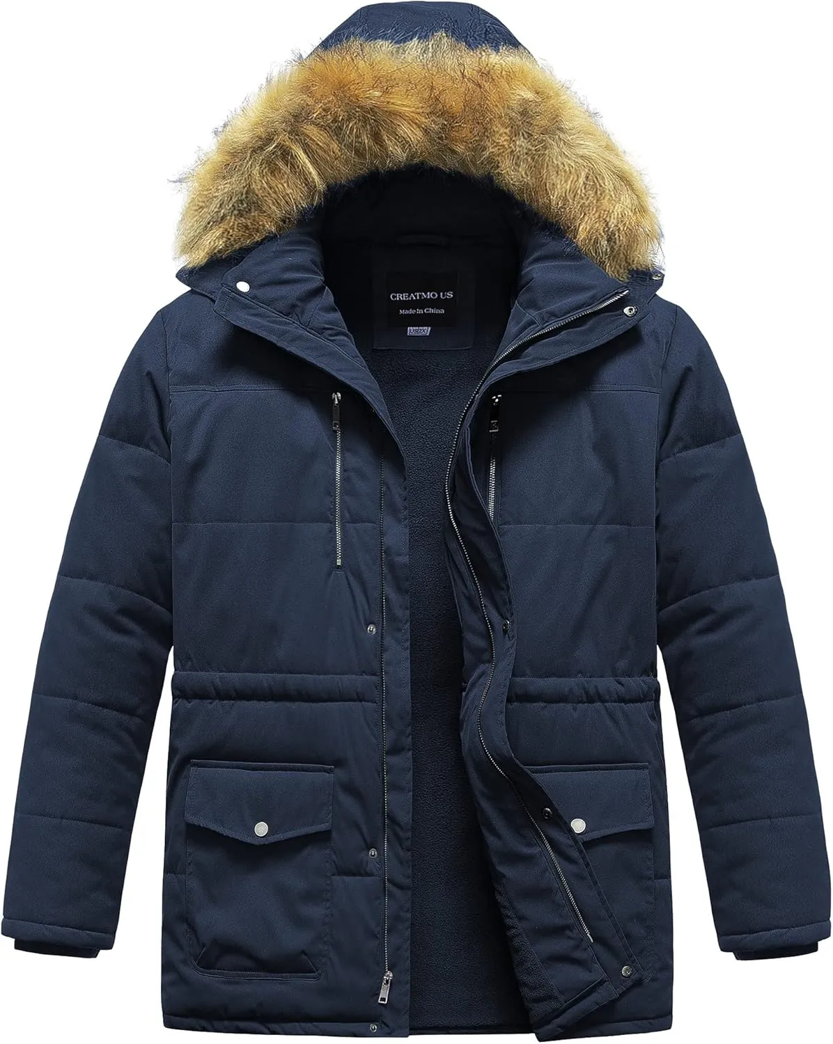 CREATMO US Men's Big and Tall Winter Coat Waterprpoof Long Puffer Jacket Thicken Parka with Removable Fur Hooded