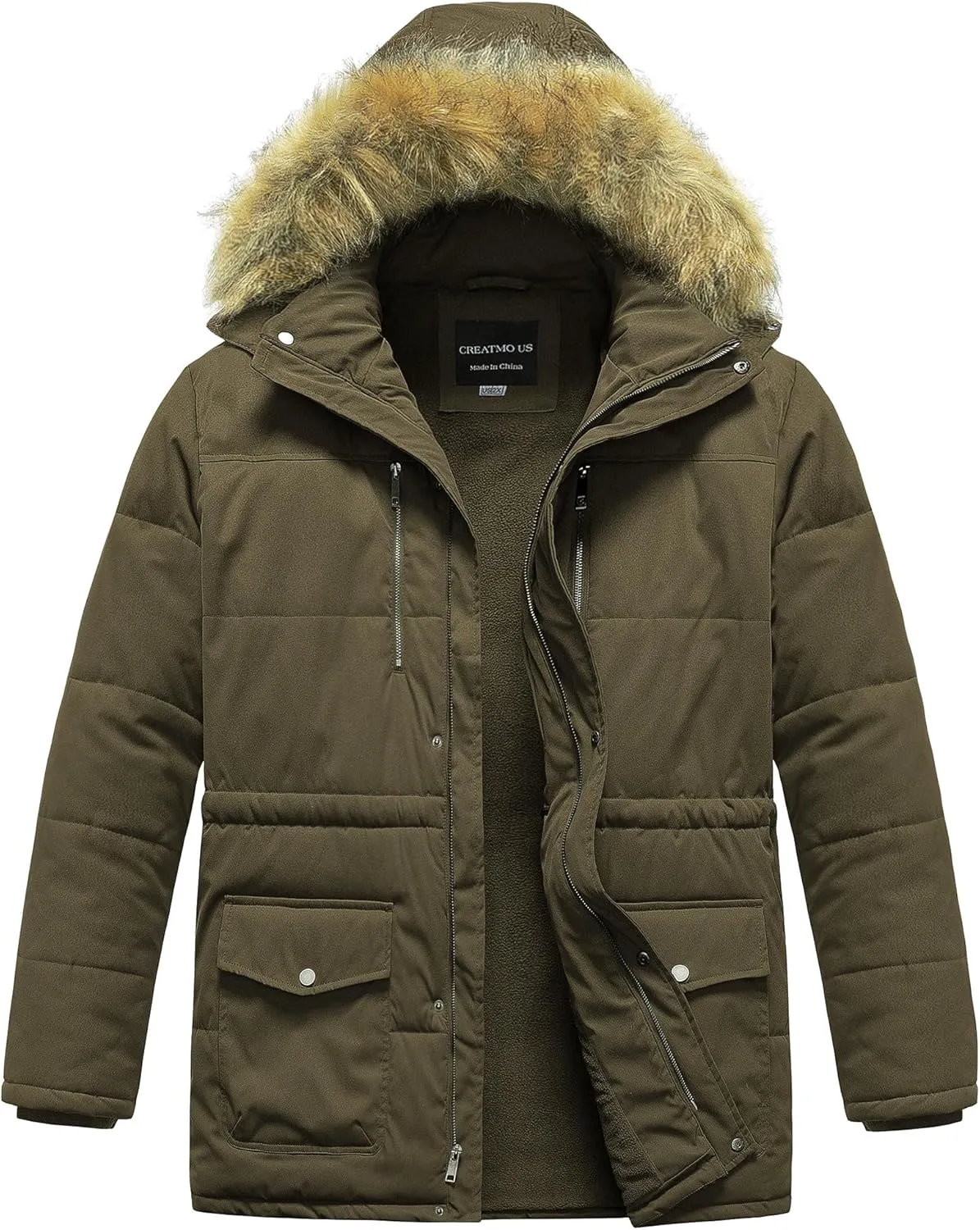 CREATMO US Men's Big and Tall Winter Coat Waterprpoof Long Puffer Jacket Thicken Parka with Removable Fur Hooded