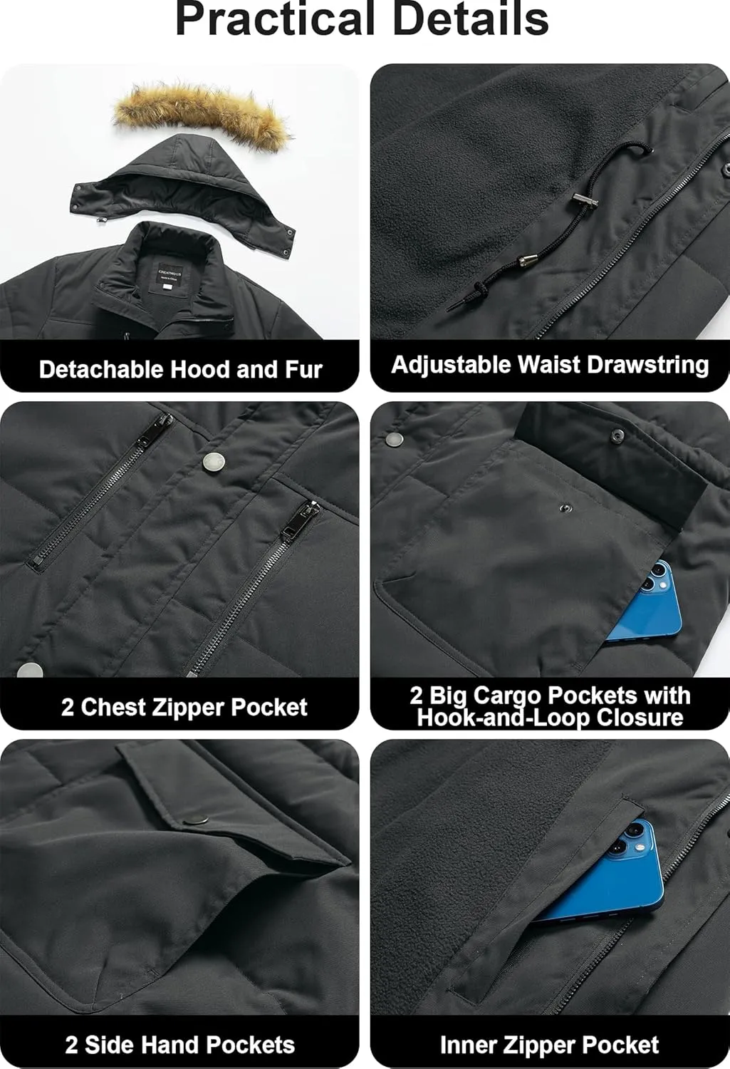 CREATMO US Men's Big and Tall Winter Coat Waterprpoof Long Puffer Jacket Thicken Parka with Removable Fur Hooded