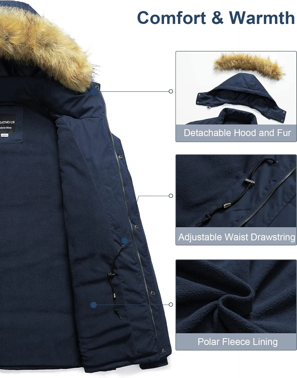 CREATMO US Men's Big and Tall Winter Coat Waterprpoof Long Puffer Jacket Thicken Parka with Removable Fur Hooded