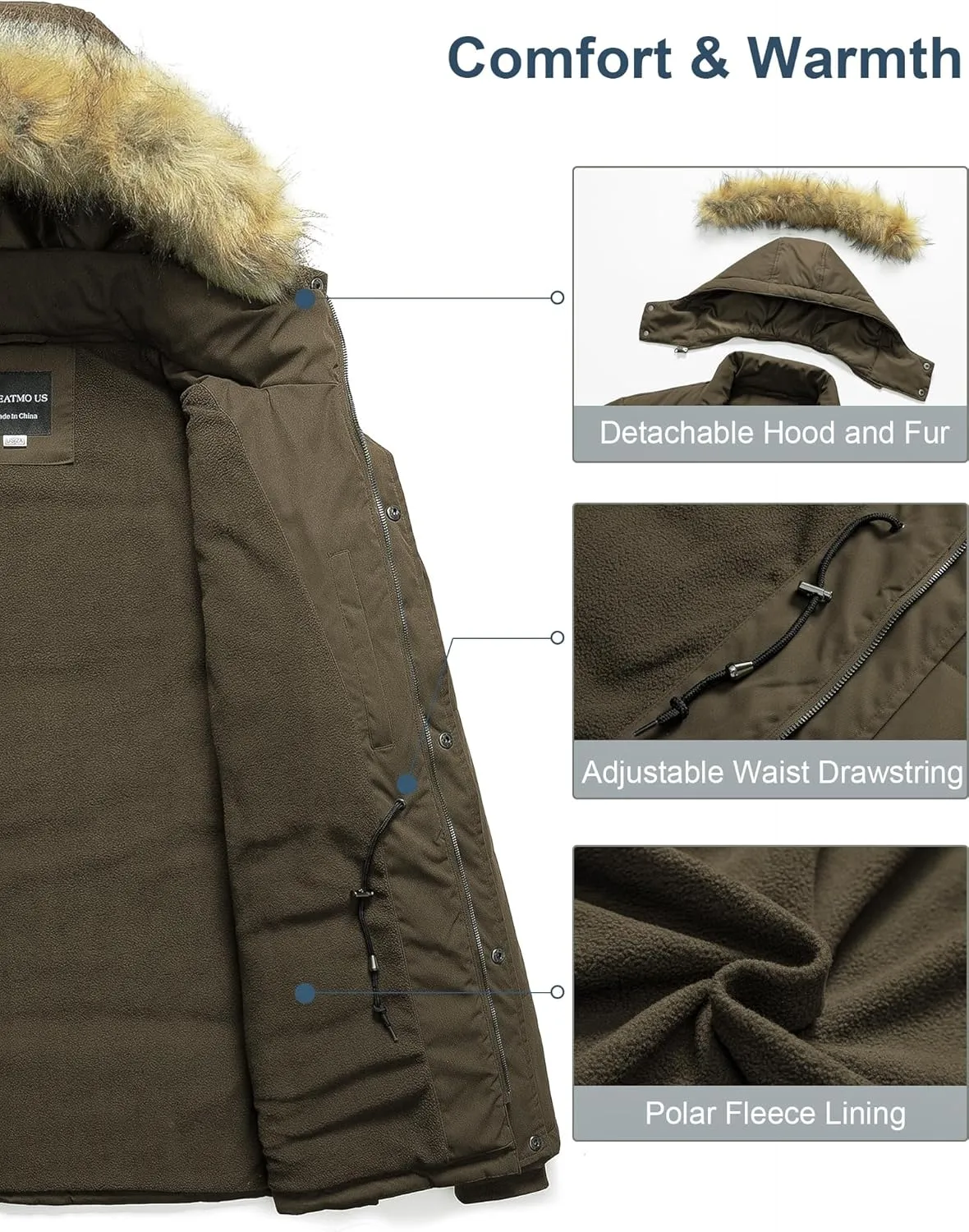 CREATMO US Men's Big and Tall Winter Coat Waterprpoof Long Puffer Jacket Thicken Parka with Removable Fur Hooded