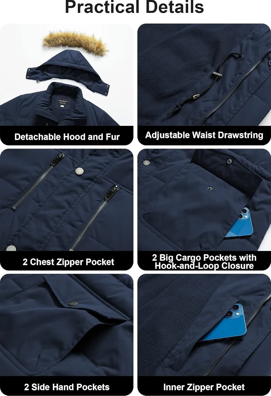 CREATMO US Men's Big and Tall Winter Coat Waterprpoof Long Puffer Jacket Thicken Parka with Removable Fur Hooded