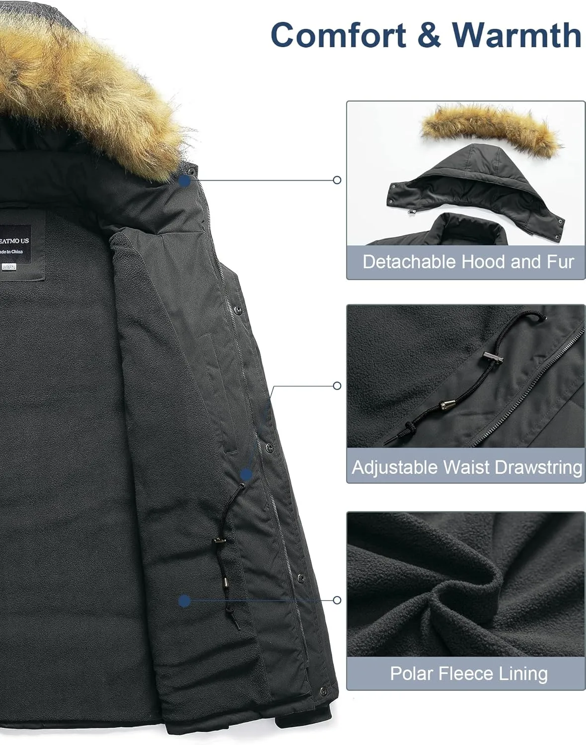CREATMO US Men's Big and Tall Winter Coat Waterprpoof Long Puffer Jacket Thicken Parka with Removable Fur Hooded