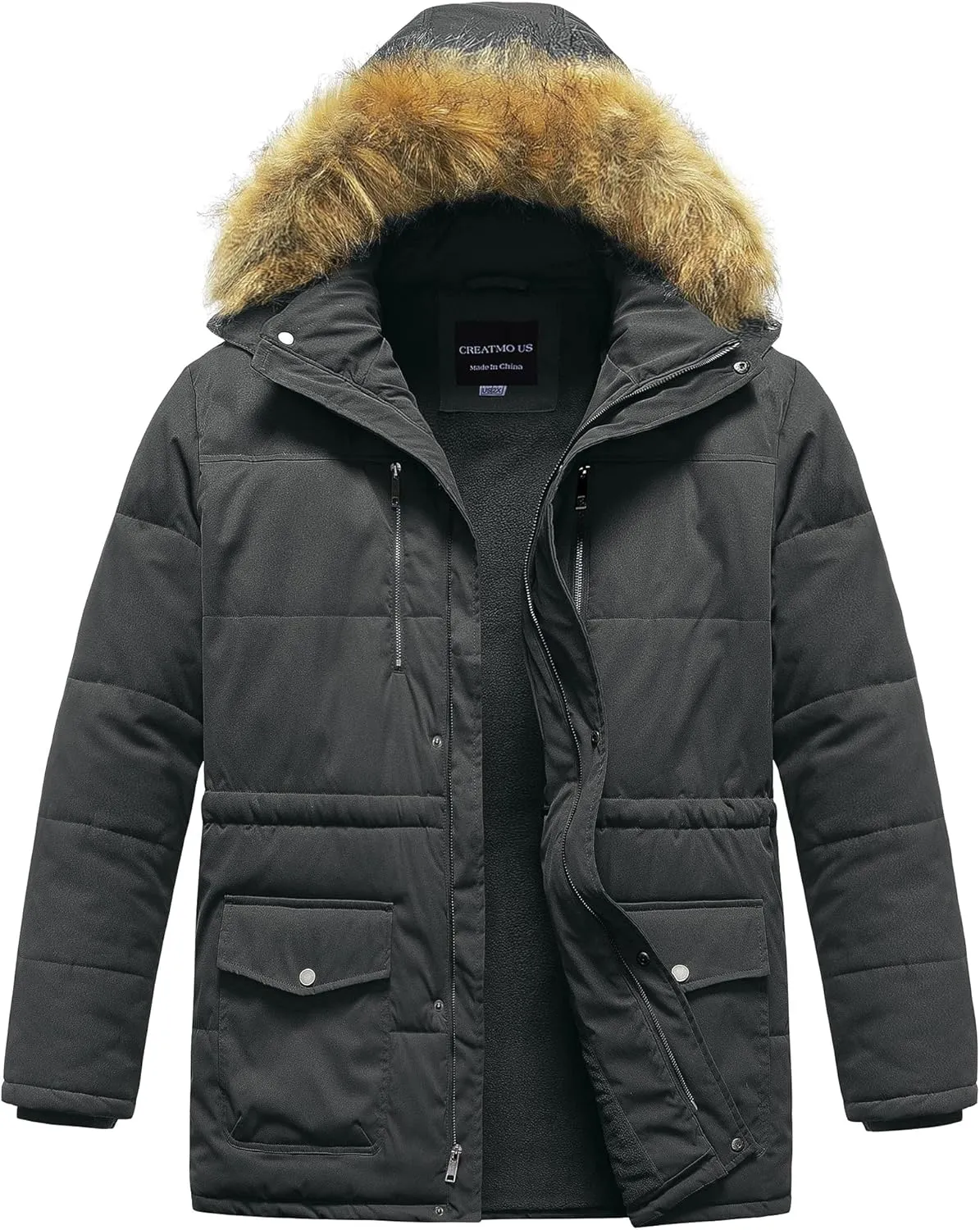 CREATMO US Men's Big and Tall Winter Coat Waterprpoof Long Puffer Jacket Thicken Parka with Removable Fur Hooded
