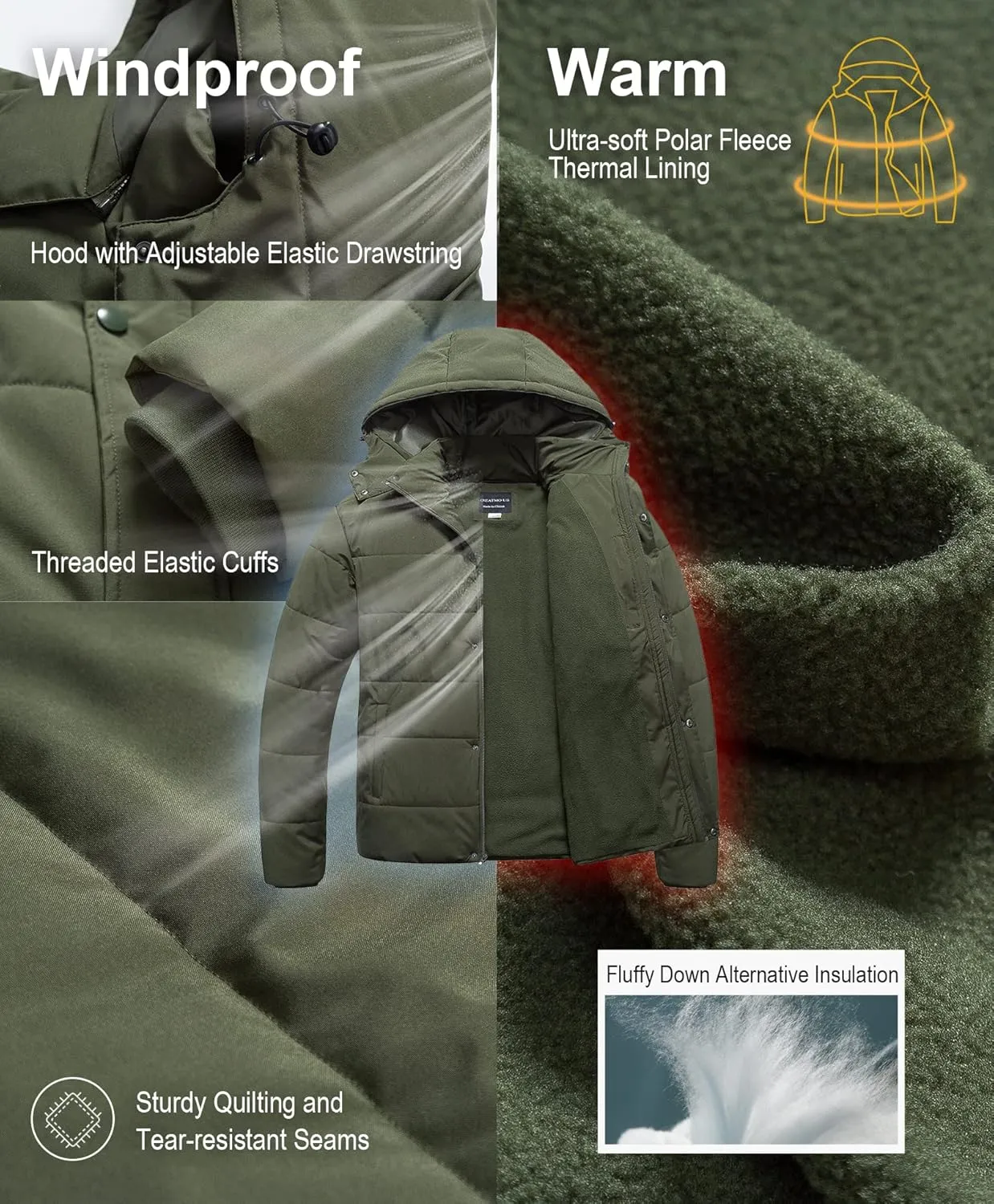 CREATMO US Men's Big and Tall Winter Puffer Jacket Waterproof Bubble Coat Puffy Ski Parka With Hood
