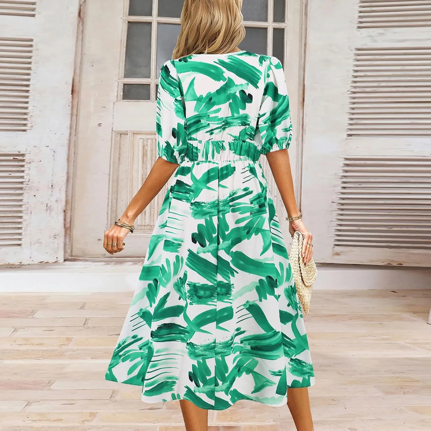 Dresses for Women 2024,Womens Flowy Bohemian Floral Midi Dress Sexy V Neck Short Sleeve Spring Summer Sun Dress