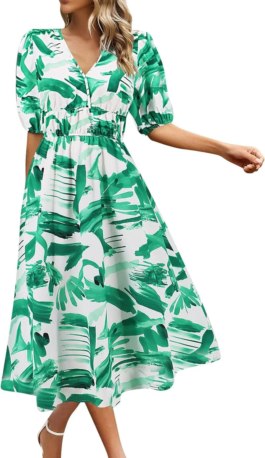 Dresses for Women 2024,Womens Flowy Bohemian Floral Midi Dress Sexy V Neck Short Sleeve Spring Summer Sun Dress