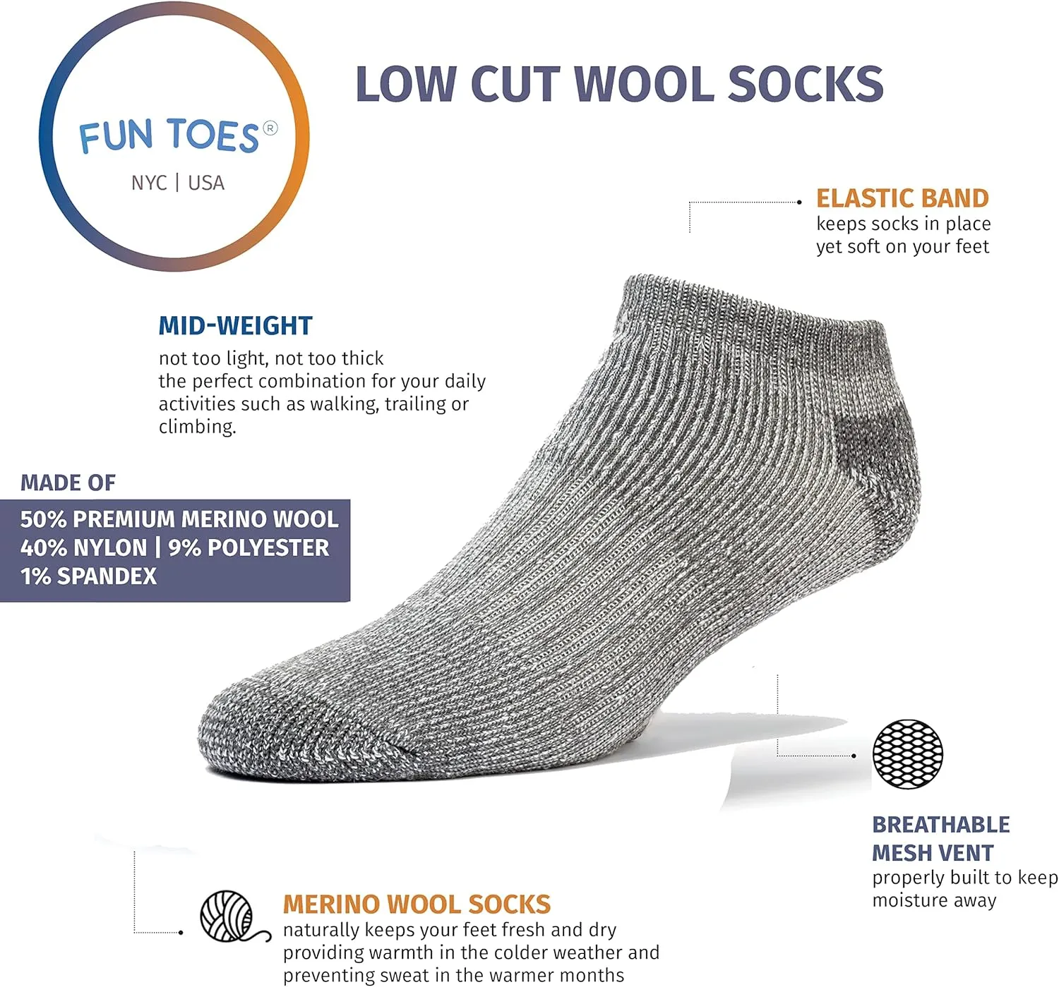 FUN TOES Low Cut Ankle Merino Wool Mens Hiking Running Socks Compression Arch Support Cushioned 6 Pairs