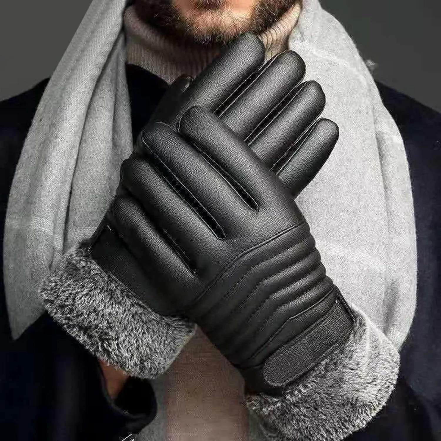 PU Leather Gloves for Men Winter Warm Touchscreen Texting Fleece Lined Thermal Driving Motorcycle Gloves