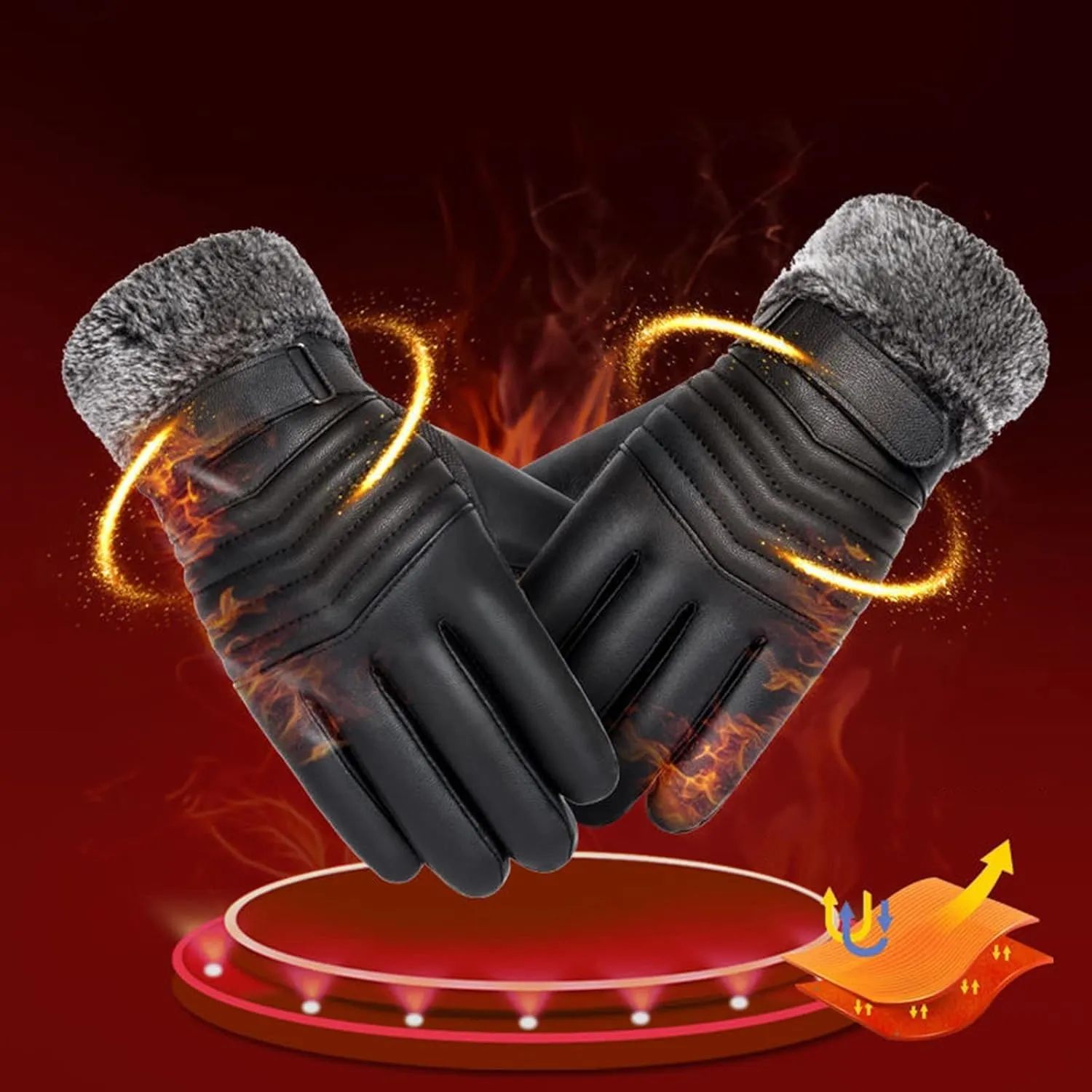 PU Leather Gloves for Men Winter Warm Touchscreen Texting Fleece Lined Thermal Driving Motorcycle Gloves