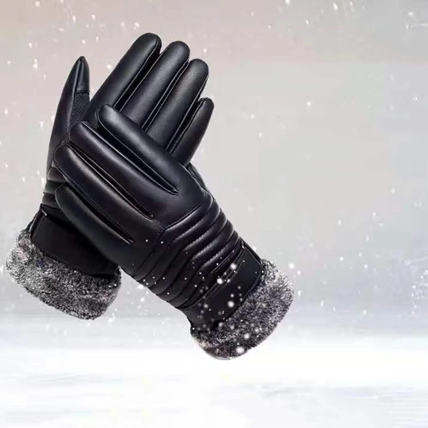 PU Leather Gloves for Men Winter Warm Touchscreen Texting Fleece Lined Thermal Driving Motorcycle Gloves