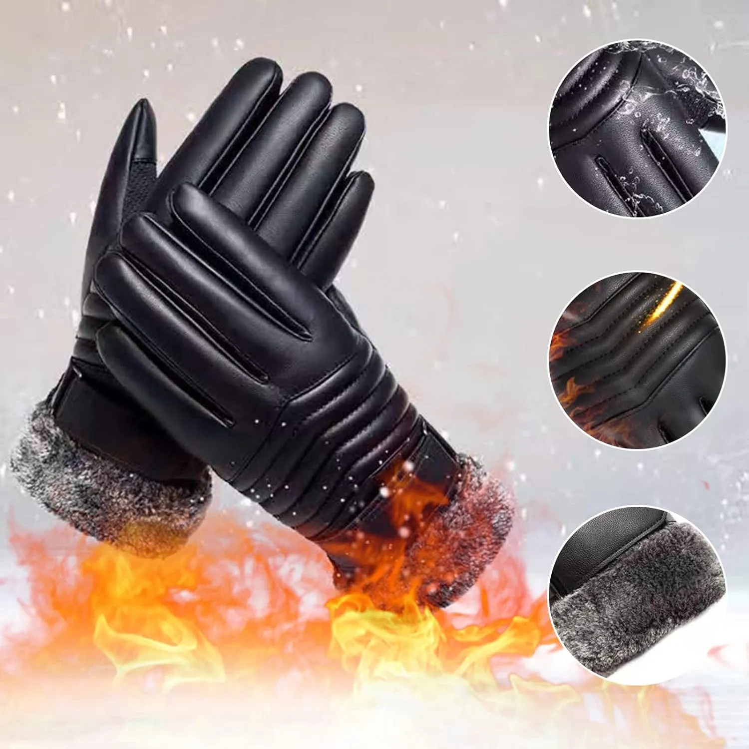 PU Leather Gloves for Men Winter Warm Touchscreen Texting Fleece Lined Thermal Driving Motorcycle Gloves