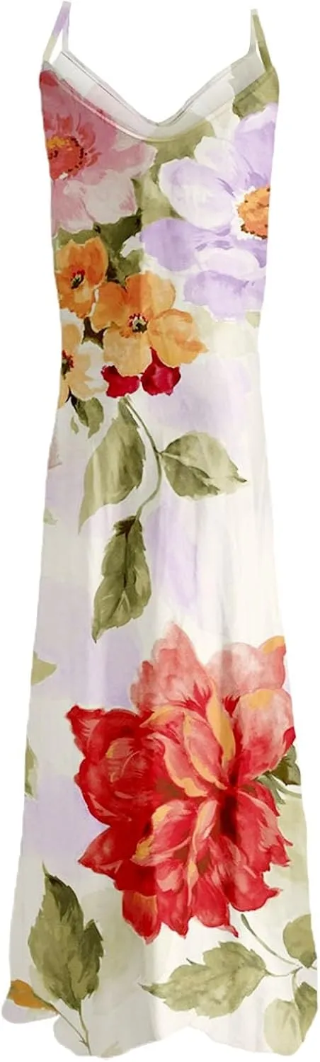 Summer Dresses for Women 2025 Casual V Neck Plus Size Maxi Sun Dress Trendy Flowy Beach Long Spaghetti Strap Sundress