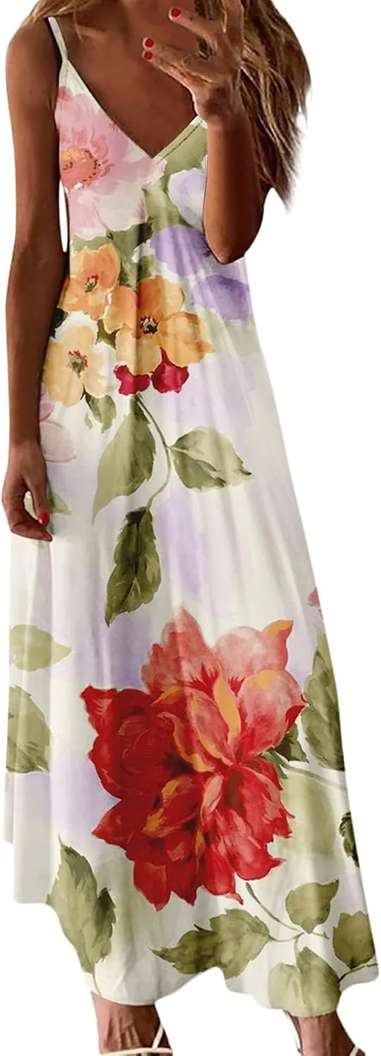 Summer Dresses for Women 2025 Casual V Neck Plus Size Maxi Sun Dress Trendy Flowy Beach Long Spaghetti Strap Sundress