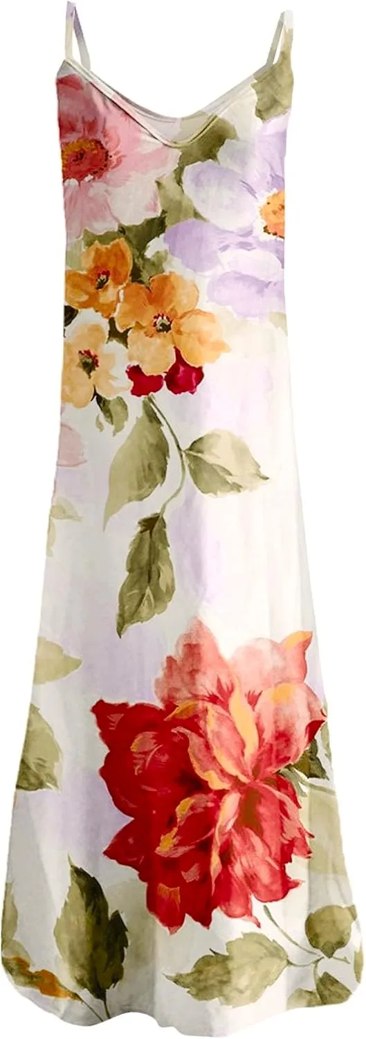 Summer Dresses for Women 2025 Casual V Neck Plus Size Maxi Sun Dress Trendy Flowy Beach Long Spaghetti Strap Sundress