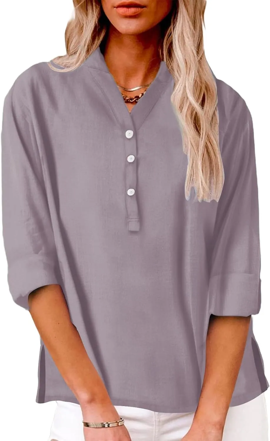 Summer Tops Women 2025 Short Sleeve Cotton Linen Shirts Casual Button V Neck Boho Blouses Plus Size Spring Clothes