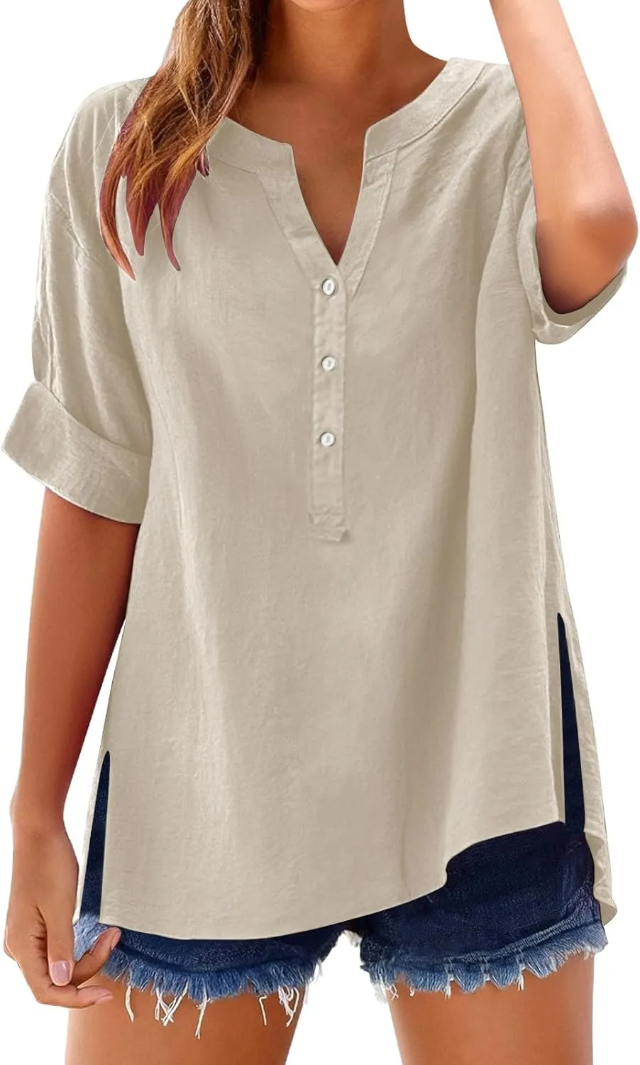 Summer Tops Women 2025 Short Sleeve Cotton Linen Shirts Casual Button V Neck Boho Blouses Plus Size Spring Clothes