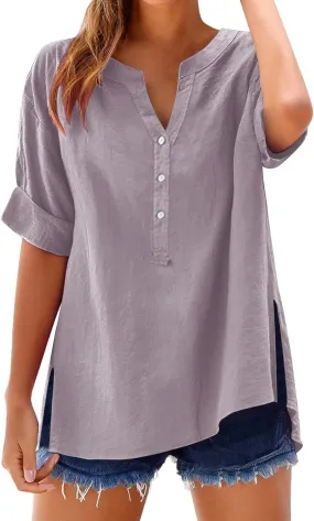 Summer Tops Women 2025 Short Sleeve Cotton Linen Shirts Casual Button V Neck Boho Blouses Plus Size Spring Clothes