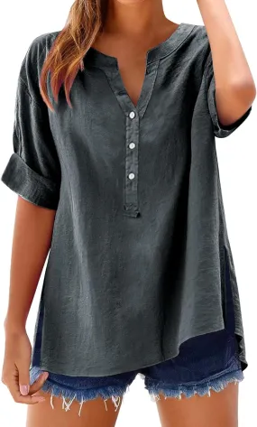 Summer Tops Women 2025 Short Sleeve Cotton Linen Shirts Casual Button V Neck Boho Blouses Plus Size Spring Clothes