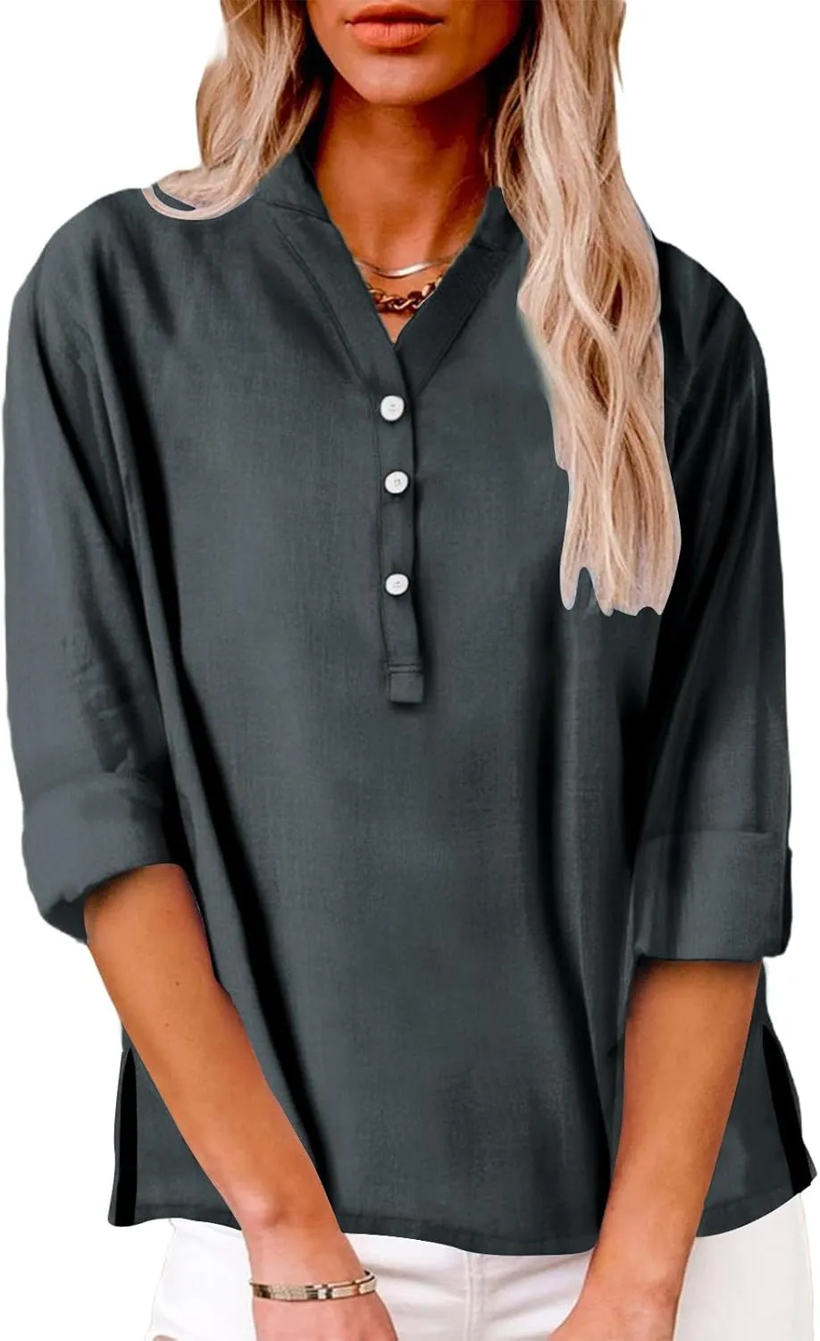Summer Tops Women 2025 Short Sleeve Cotton Linen Shirts Casual Button V Neck Boho Blouses Plus Size Spring Clothes