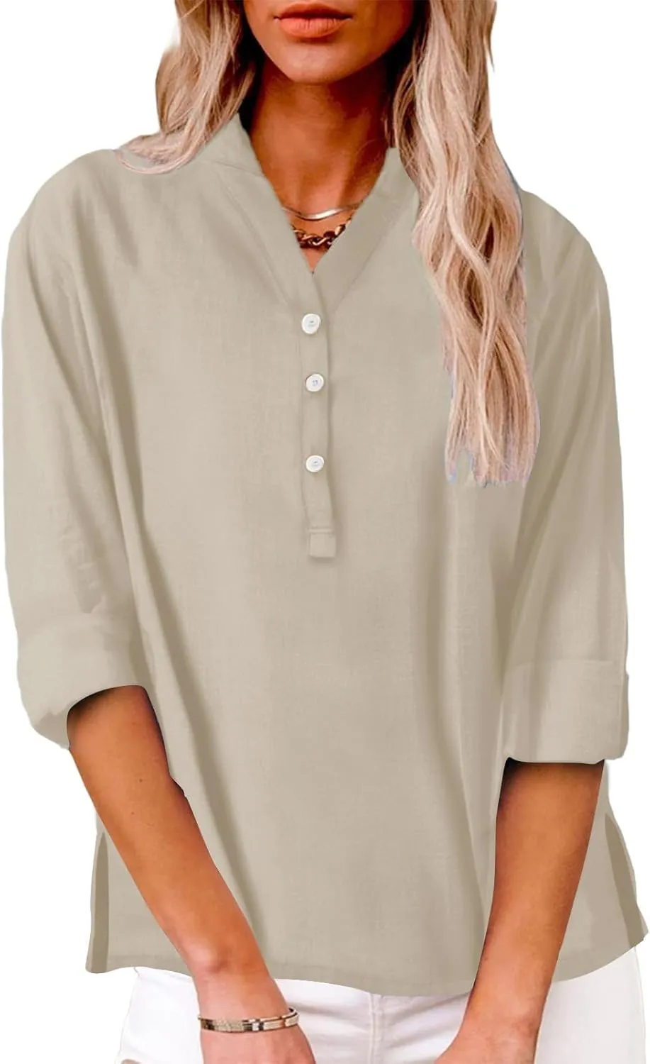 Summer Tops Women 2025 Short Sleeve Cotton Linen Shirts Casual Button V Neck Boho Blouses Plus Size Spring Clothes