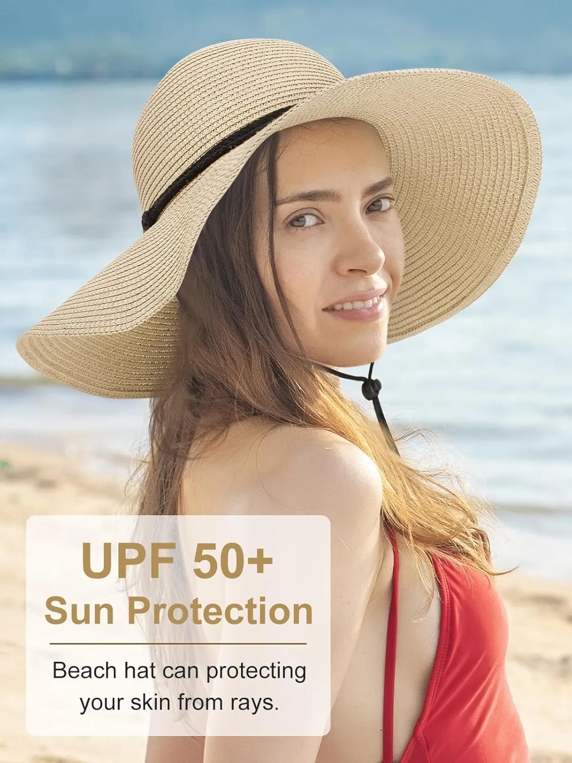 Sun Hats for Women, Oversize Wide Brim Straw Hat for Summer Travel Beach Foldable UV Protection with Wind Lanyard UPF 50 