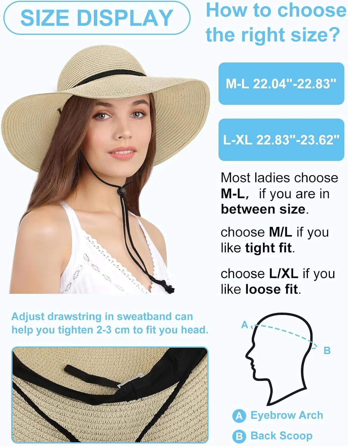 Sun Hats for Women, Oversize Wide Brim Straw Hat for Summer Travel Beach Foldable UV Protection with Wind Lanyard UPF 50 