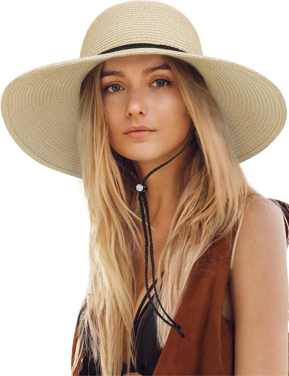 Sun Hats for Women, Oversize Wide Brim Straw Hat for Summer Travel Beach Foldable UV Protection with Wind Lanyard UPF 50 