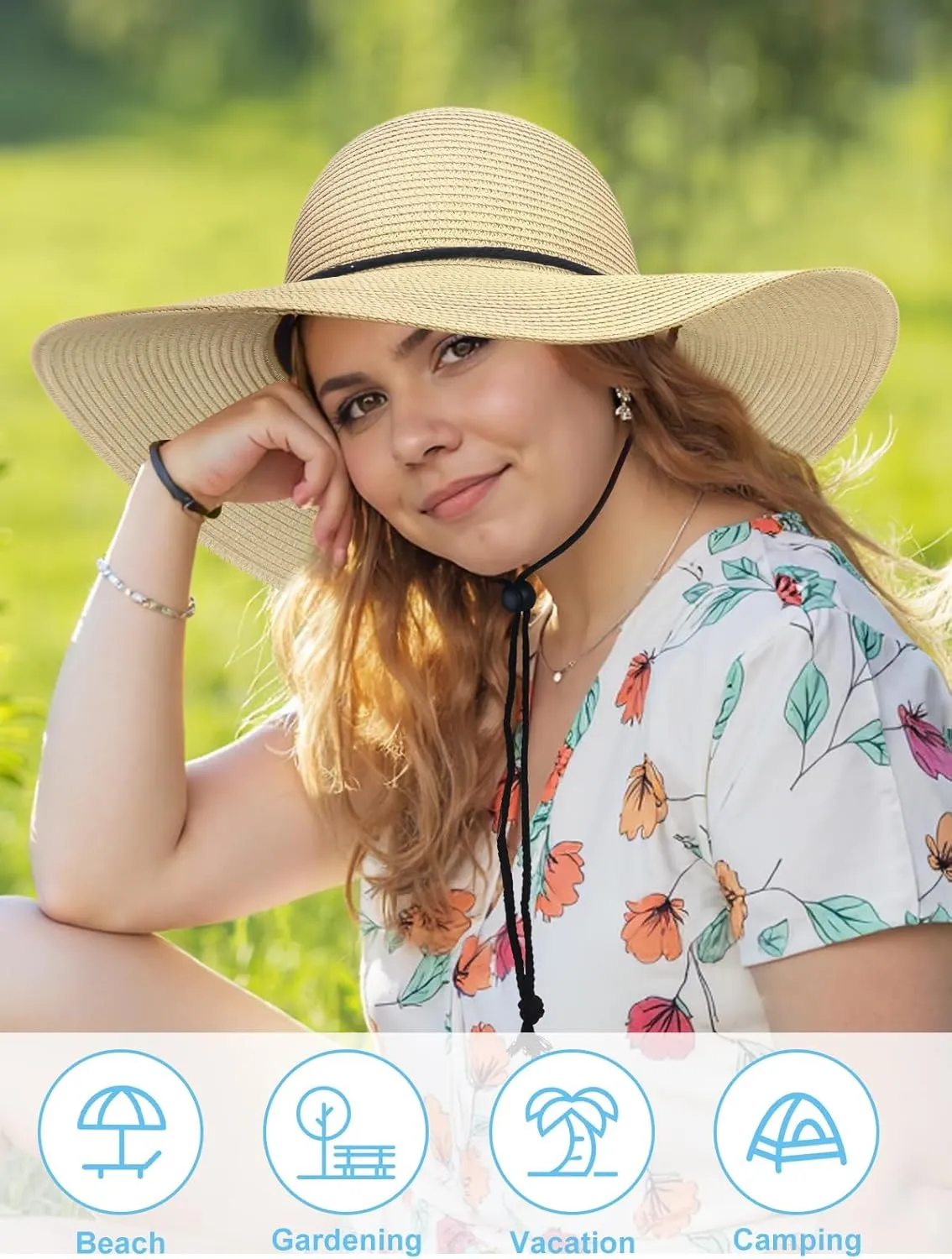 Sun Hats for Women, Oversize Wide Brim Straw Hat for Summer Travel Beach Foldable UV Protection with Wind Lanyard UPF 50 