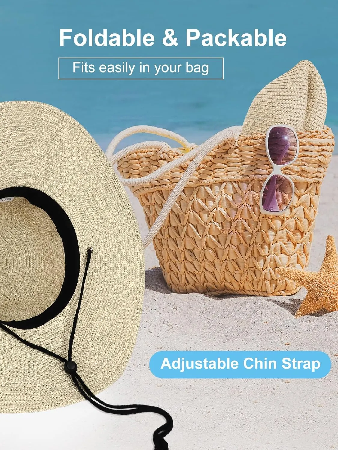 Sun Hats for Women, Oversize Wide Brim Straw Hat for Summer Travel Beach Foldable UV Protection with Wind Lanyard UPF 50 