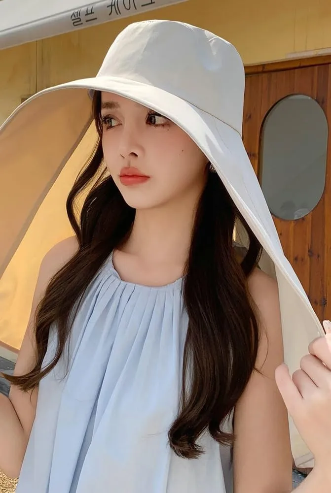 Wide Brim Sun Hats for Women UV Protection Bucket Hat with Shawl Outdoor Travel Sports Versatile Solid Color Balaclavas