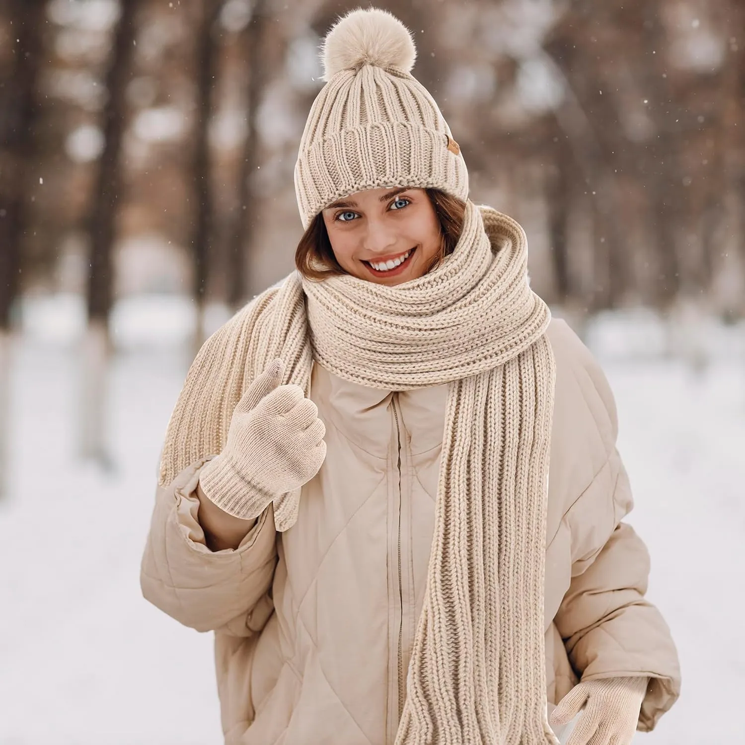 Winter Beanie Hat Gloves Set for Women Fleece Lined PomPom Hat Touchscreen Gloves