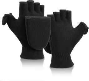 Winter Gloves Fingerless Convertible Mittens Thermal Polar Fleece Insulated Lining Windproof Warm for Men Women Black