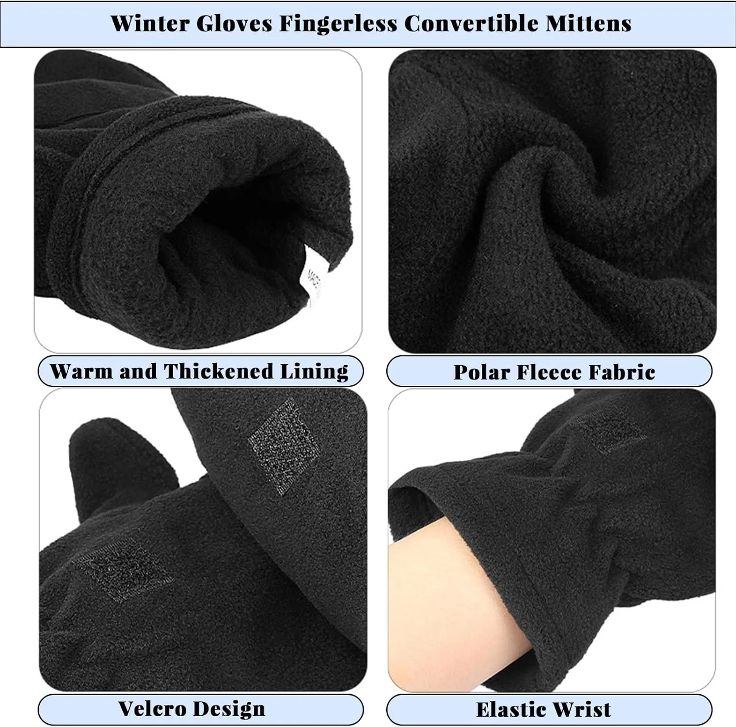 Winter Gloves Fingerless Convertible Mittens Thermal Polar Fleece Insulated Lining Windproof Warm for Men Women Black