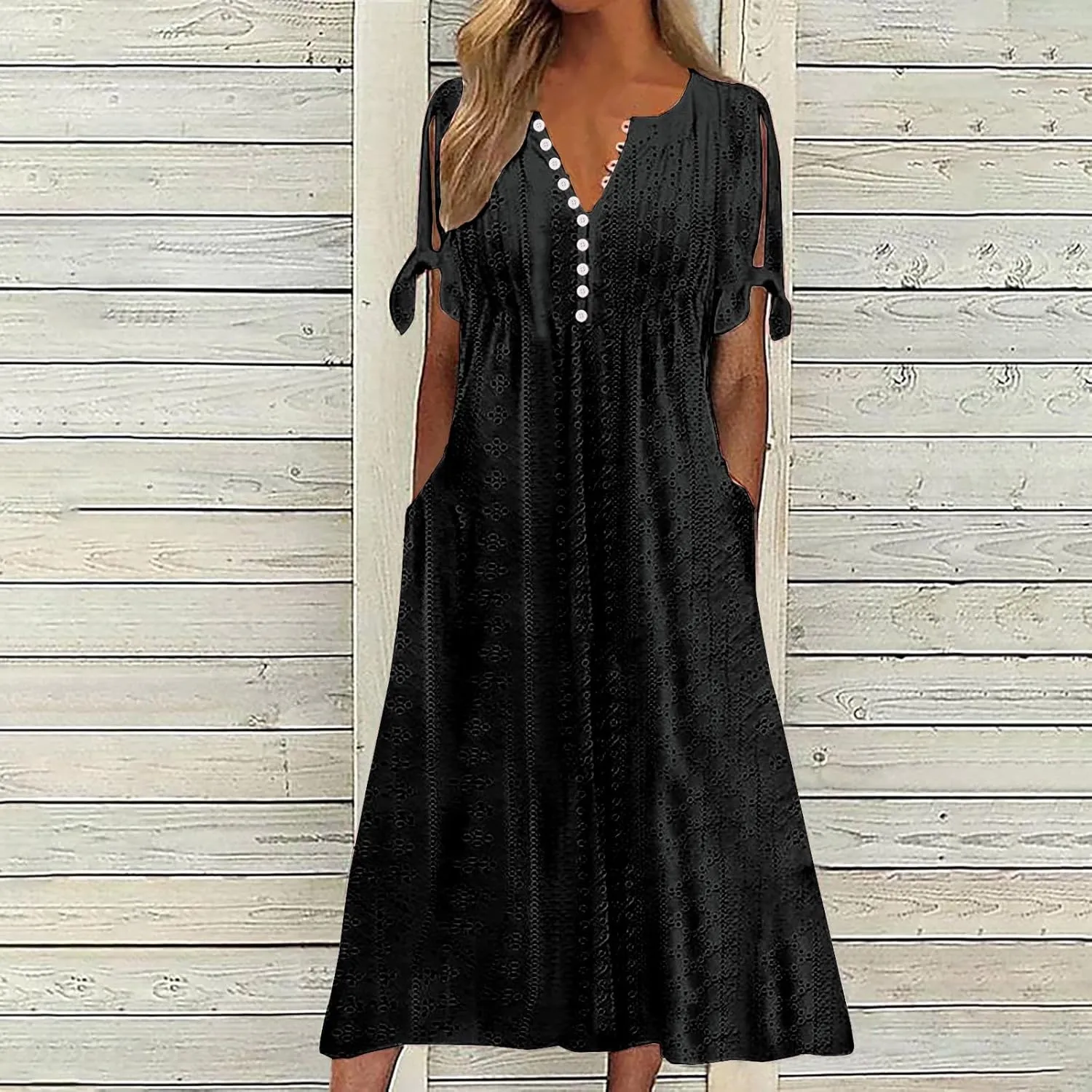 Wkishenl Summer Dresses for Women 2024 Casual V Neck Button Dress Short Sleeve Sun Dress Vacation Long Dress with Pockets