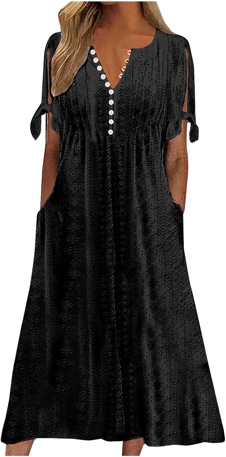 Wkishenl Summer Dresses for Women 2024 Casual V Neck Button Dress Short Sleeve Sun Dress Vacation Long Dress with Pockets