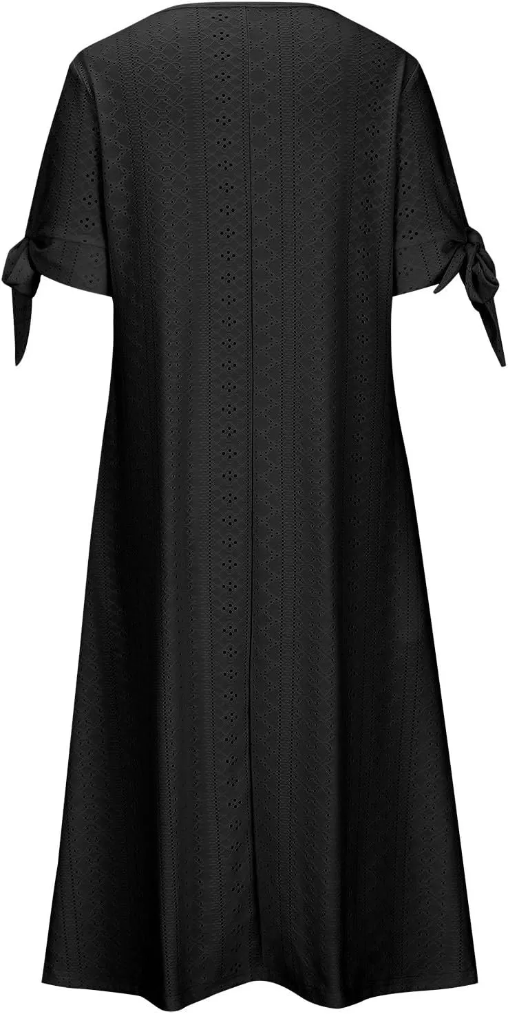 Wkishenl Summer Dresses for Women 2024 Casual V Neck Button Dress Short Sleeve Sun Dress Vacation Long Dress with Pockets