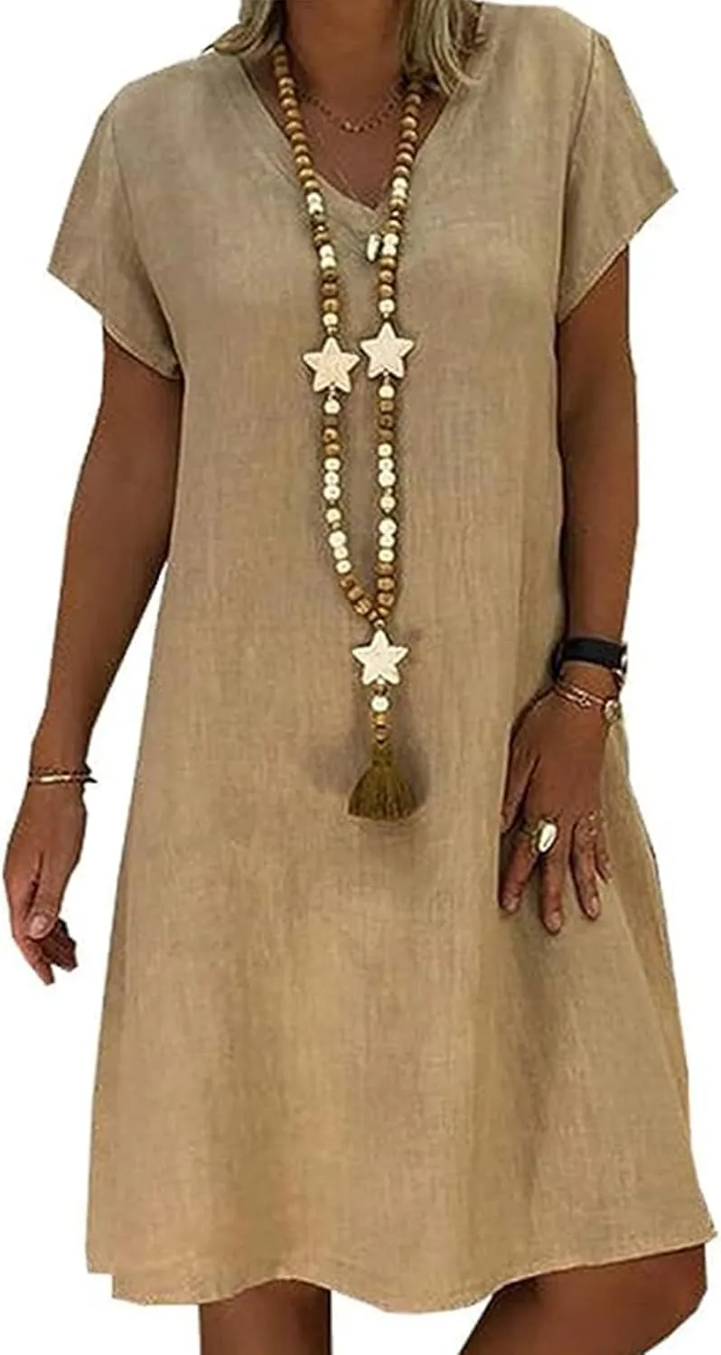 Womens Casual Dress Linen Summer Beach Short Sleeve T-Shirt Dress Cotton V Neck Mini Dress with Pockets Khaki S