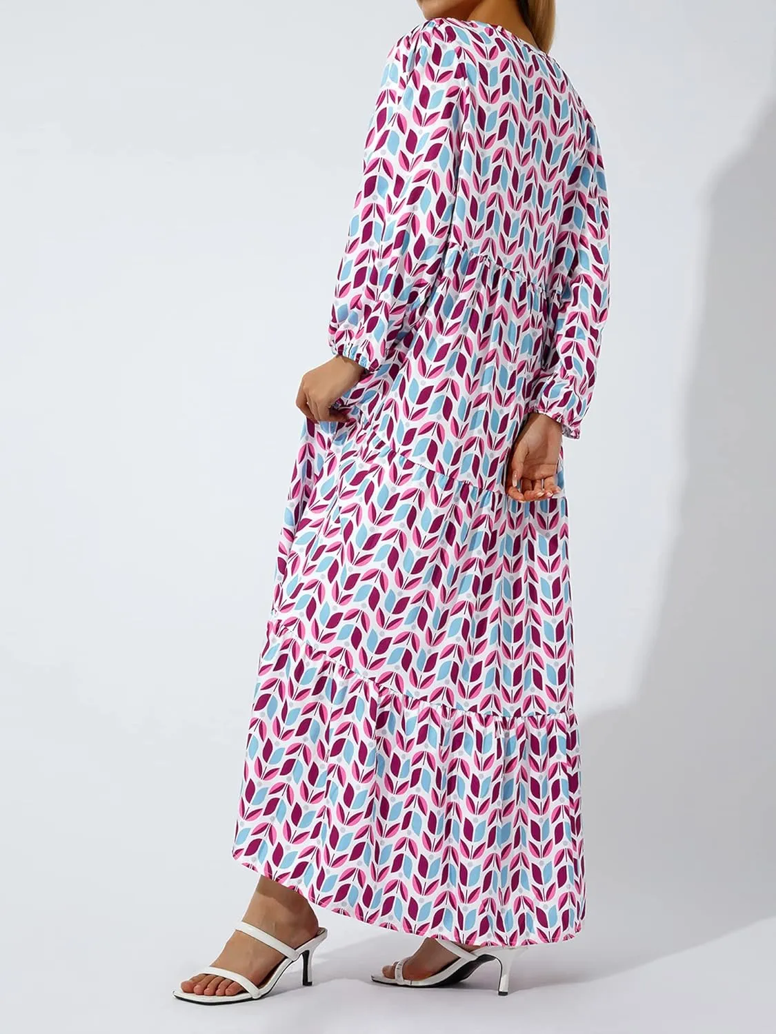 Women's Floral Puff Sleeve Maxi Dress Summer Bohemian V Neck Tiered Ruffle Hem Long Dress Loose Swing Sundress