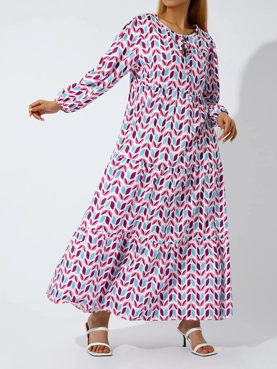 Women's Floral Puff Sleeve Maxi Dress Summer Bohemian V Neck Tiered Ruffle Hem Long Dress Loose Swing Sundress