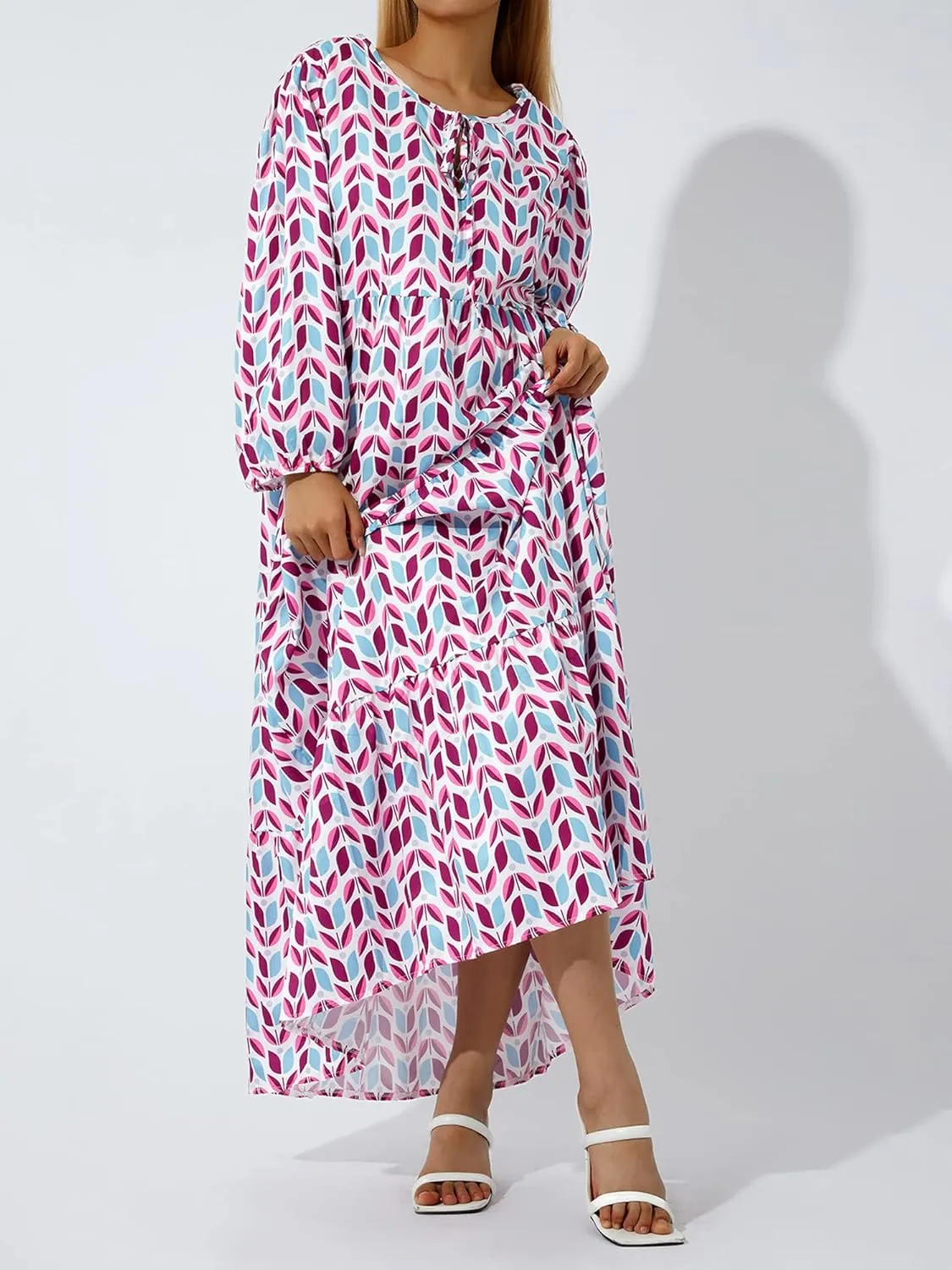 Women's Floral Puff Sleeve Maxi Dress Summer Bohemian V Neck Tiered Ruffle Hem Long Dress Loose Swing Sundress
