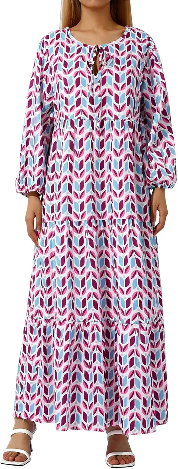 Women's Floral Puff Sleeve Maxi Dress Summer Bohemian V Neck Tiered Ruffle Hem Long Dress Loose Swing Sundress