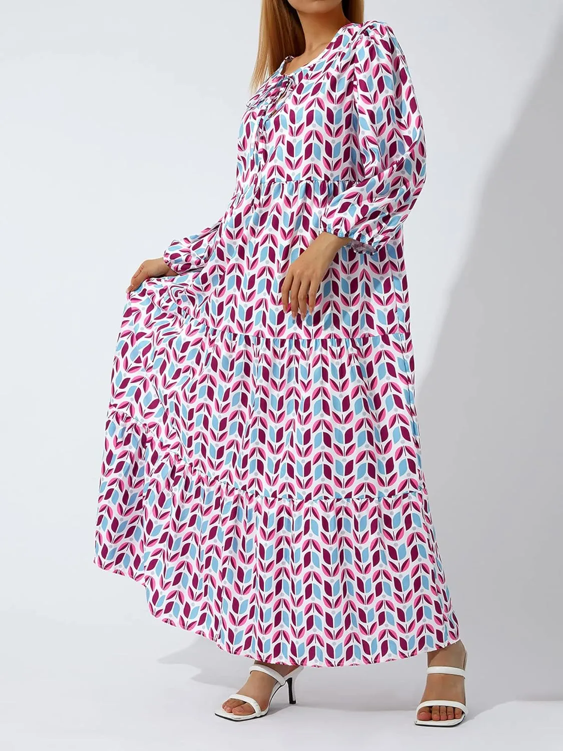 Women's Floral Puff Sleeve Maxi Dress Summer Bohemian V Neck Tiered Ruffle Hem Long Dress Loose Swing Sundress