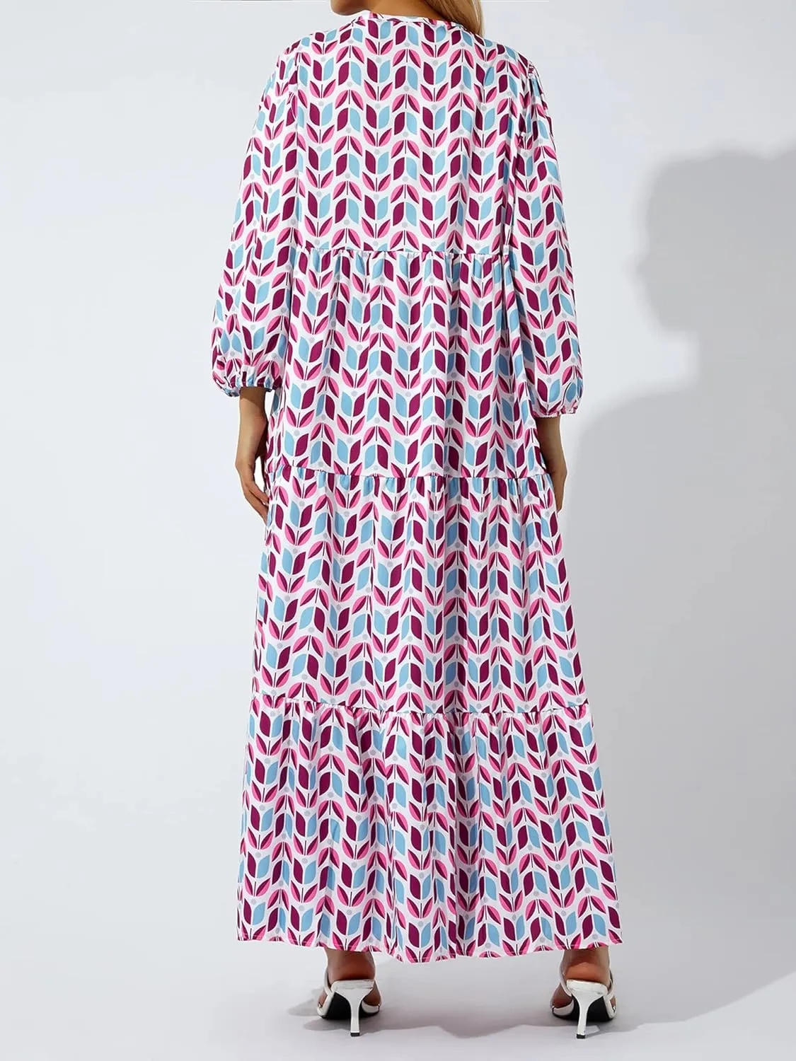 Women's Floral Puff Sleeve Maxi Dress Summer Bohemian V Neck Tiered Ruffle Hem Long Dress Loose Swing Sundress